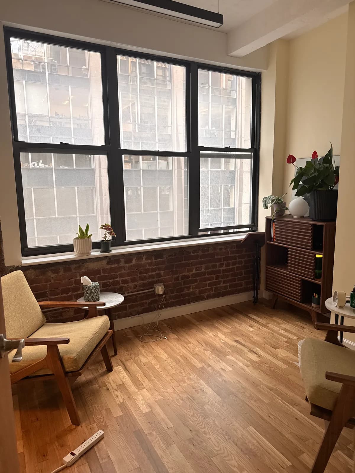 Corner office with tall windows, plants, and mid-century chairs in warm afternoon light